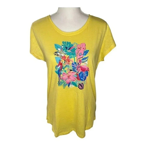 NEW Kiwi Fresh Petite‎ Medium Yellow Tropical Print Short Sleeved Tee NWT - Picture 1 of 4